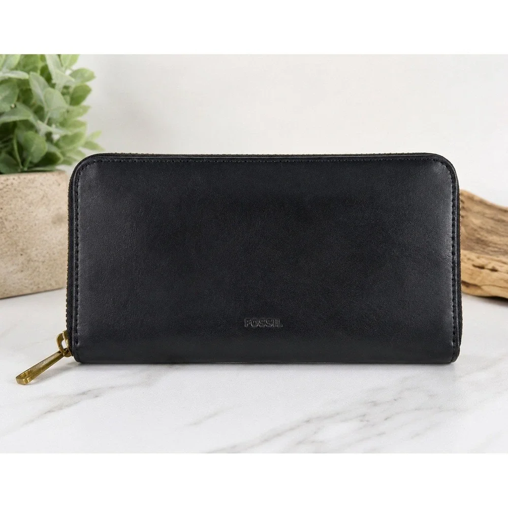 Fossil Black Leather Zip Around Wallet Gold Tone Hardware Continental